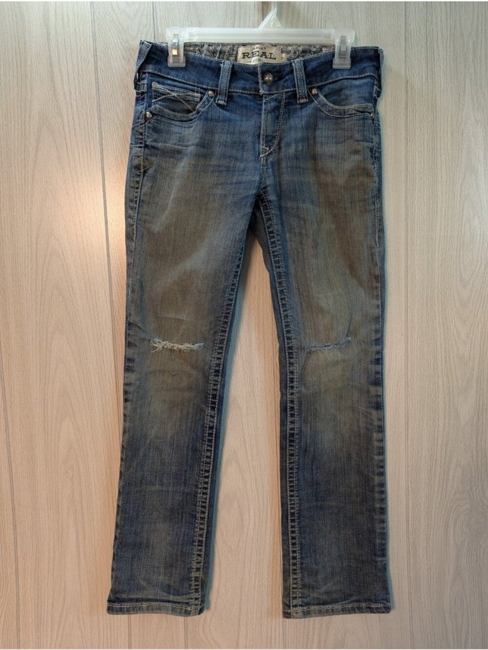 Distressed Ariat REAL Boot Cut Jeans Womens 28S Medium Wash Rise Western Stain